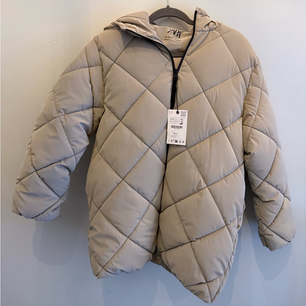 🩶 Zara Kids Light Taupe Gray Quilted Puffer Jacket